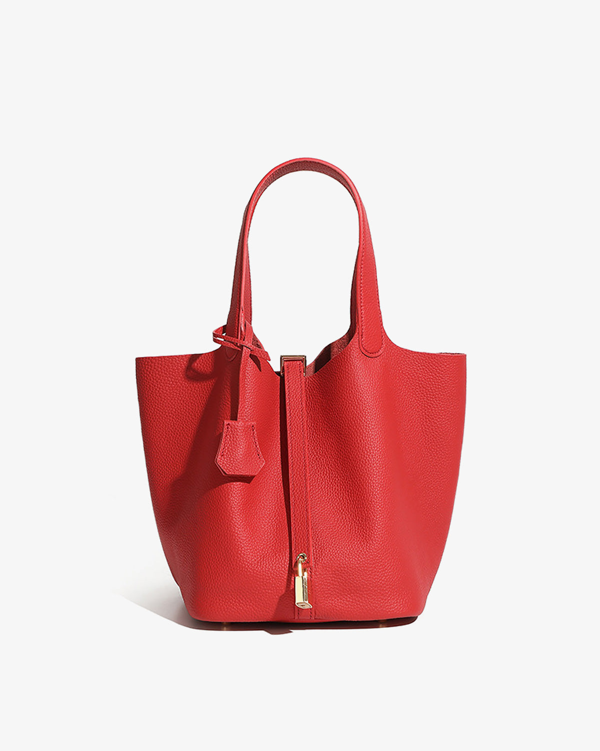 A Red Large Genuine Togo Leather Bucket Bag in Elephant Grey Color with Gold-toned hardware by BUCKLE Collective