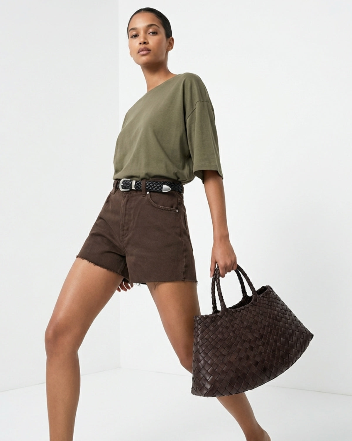 Woven Handbag with Removable Pouch, Coffee Color