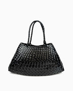 Handwoven Genuine Leather Tote Bag with Removable Pouch, Black Color