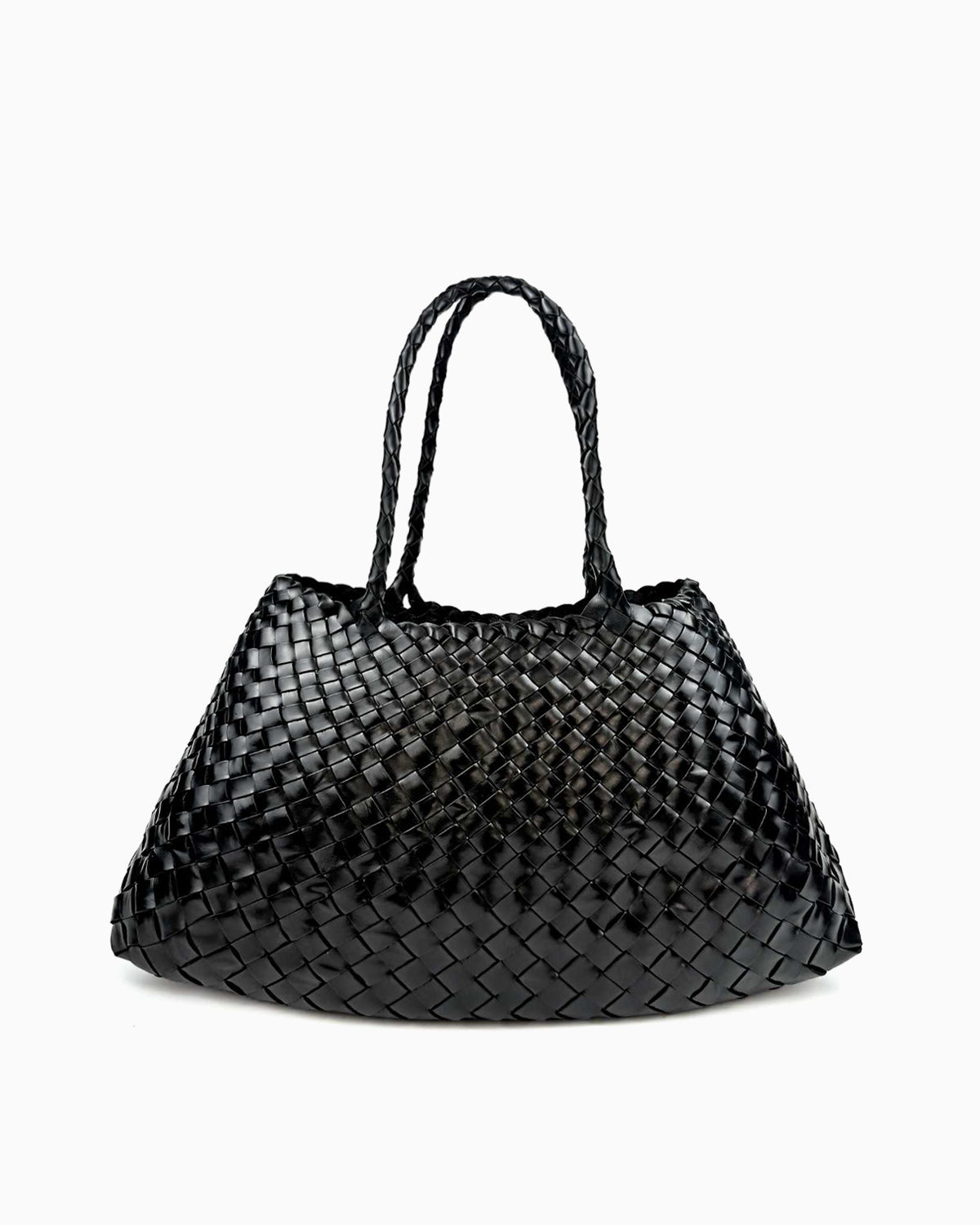 Handwoven Genuine Leather Tote Bag with Removable Pouch, Black Color