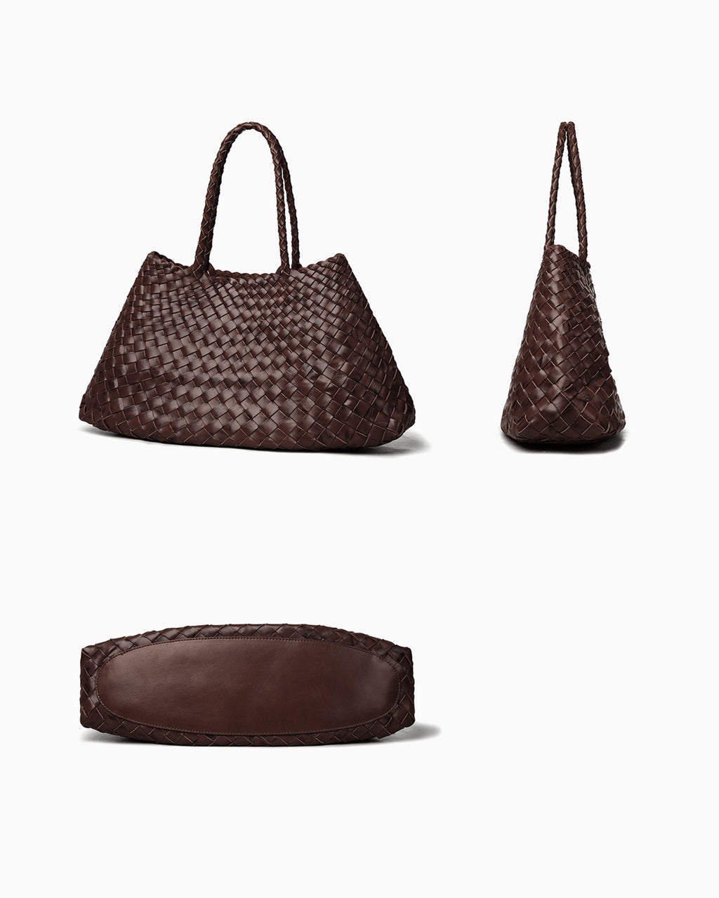 Side and bottom views of Handwoven Genuine Leather Tote Bag with Removable Pouch in Coffee Color