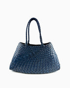 Handwoven Genuine Leather Tote Bag with Removable Pouch, Blue Color