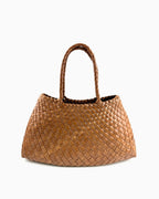 Handwoven Genuine Leather Tote Bag with Removable Pouch, Yellow Brown Color