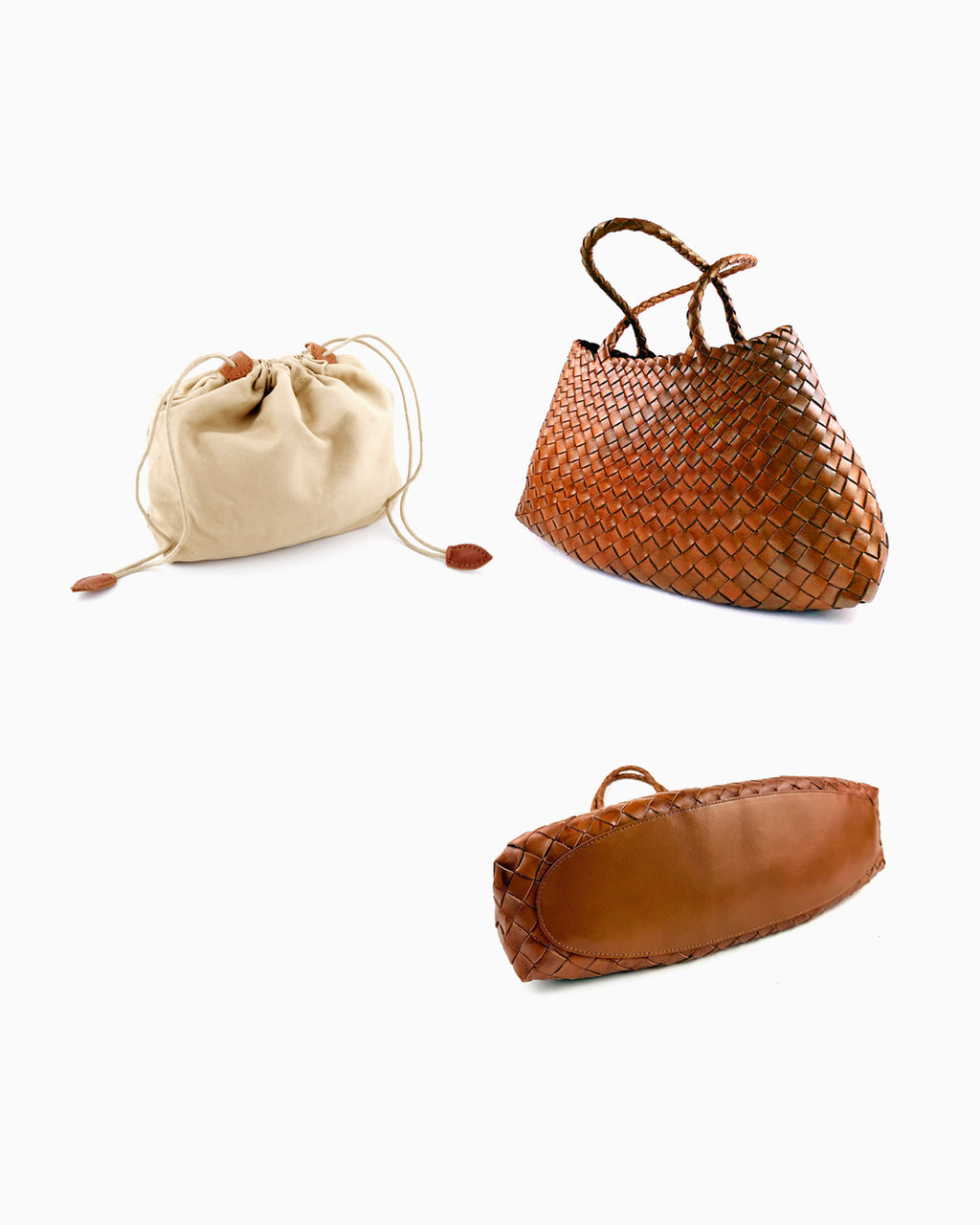 Side and bottom views of Handwoven Genuine Leather Tote Bag with Removable Pouch, Camel Color