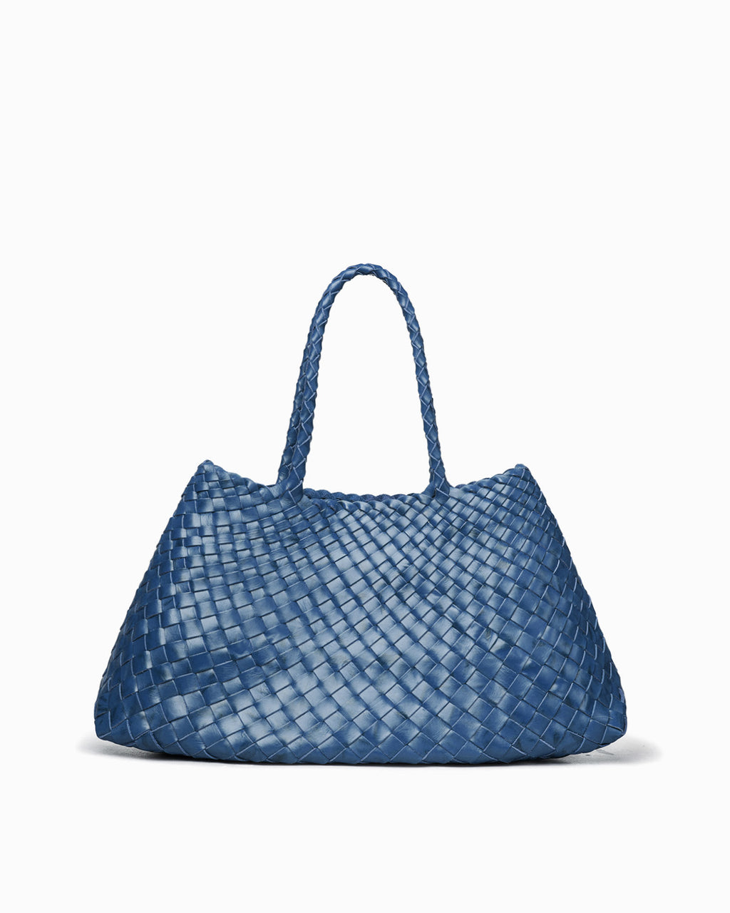 Woven Genuine Leather Tote Bag with Removable Pouch, Blue Color