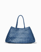 Woven Genuine Leather Tote Bag with Removable Pouch, Blue Color