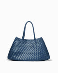 Blue Woven Genuine Leather Tote Bag with Removable Pouch