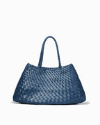 Blue Woven Genuine Leather Tote Bag with Removable Pouch