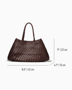 A dark brown woven leather tote bag shown on a light gray background with dimensions