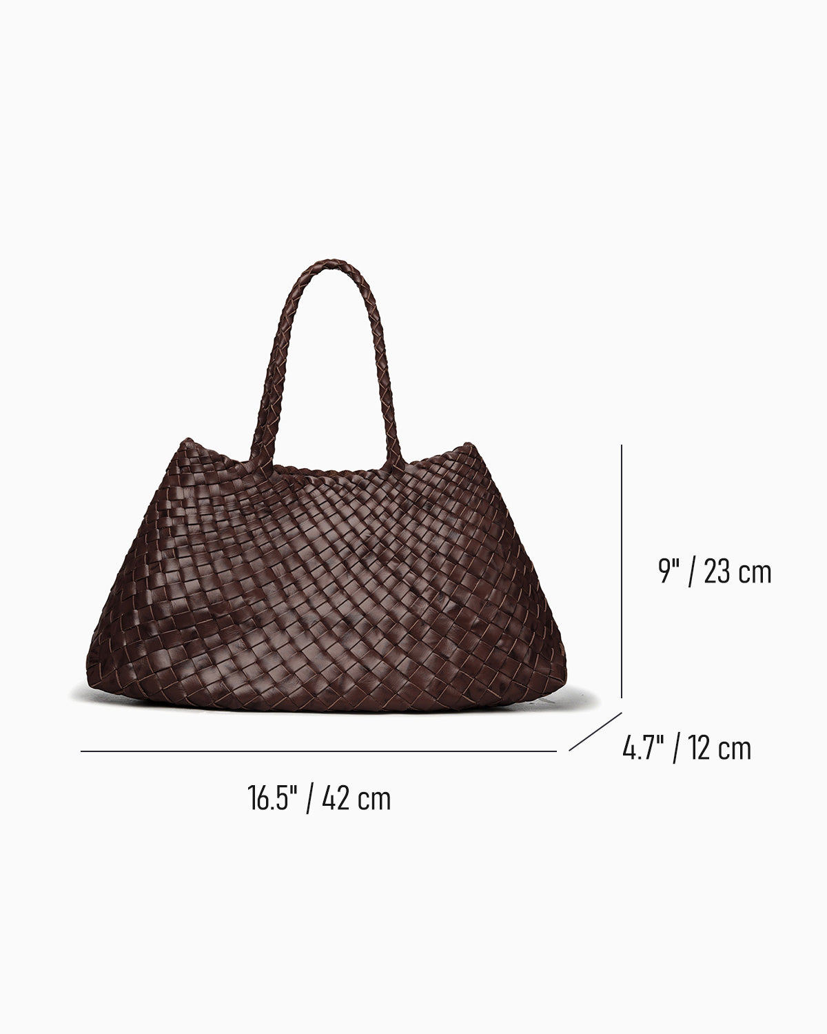 A dark brown woven leather tote bag shown on a light gray background with dimensions