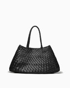 Woven Genuine Leather Tote Bag with Removable Pouch, Black Color