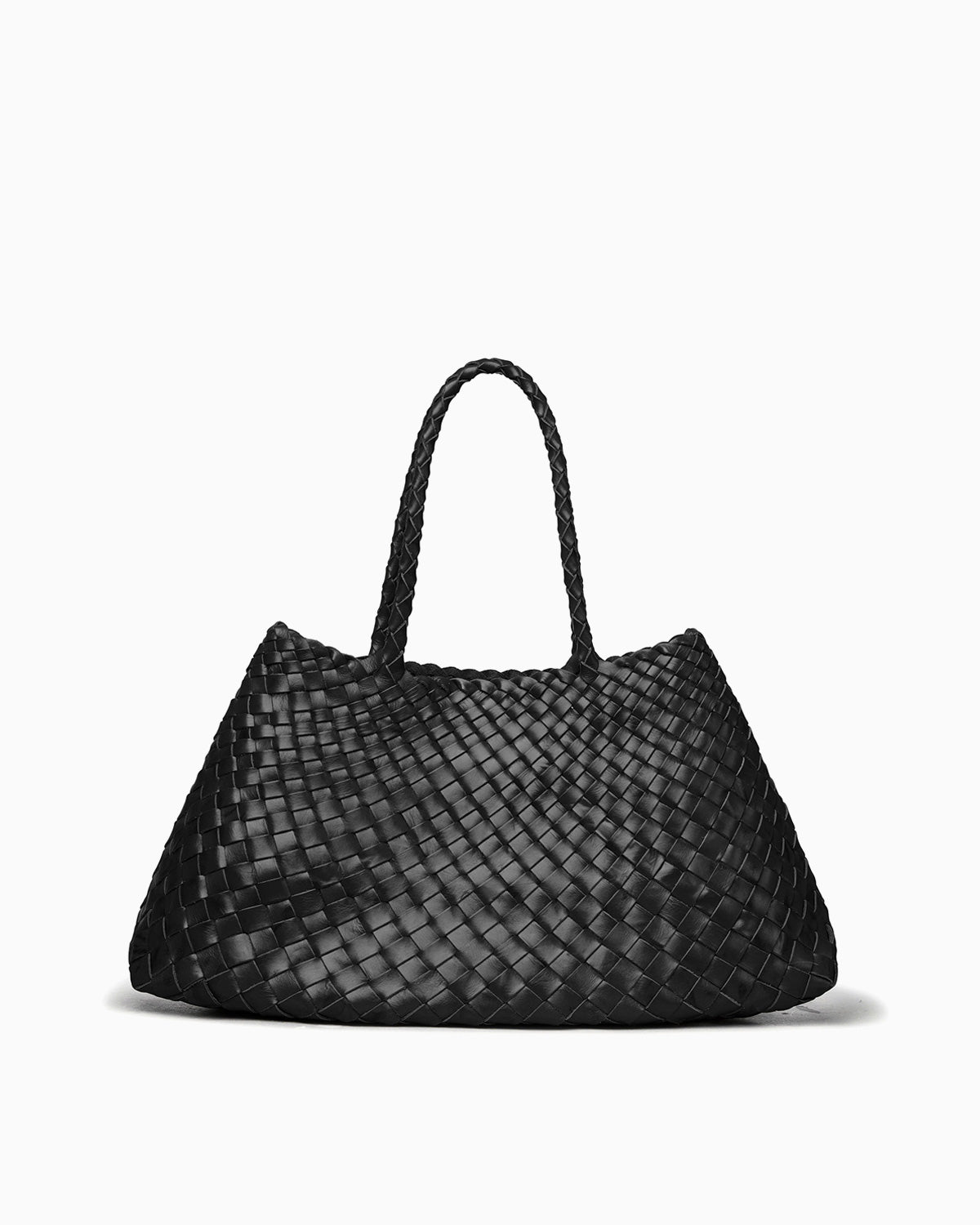 Woven Genuine Leather Tote Bag with Removable Pouch, Black Color