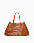 Handwoven Genuine Leather Tote Bag with Removable Pouch, Camel Color