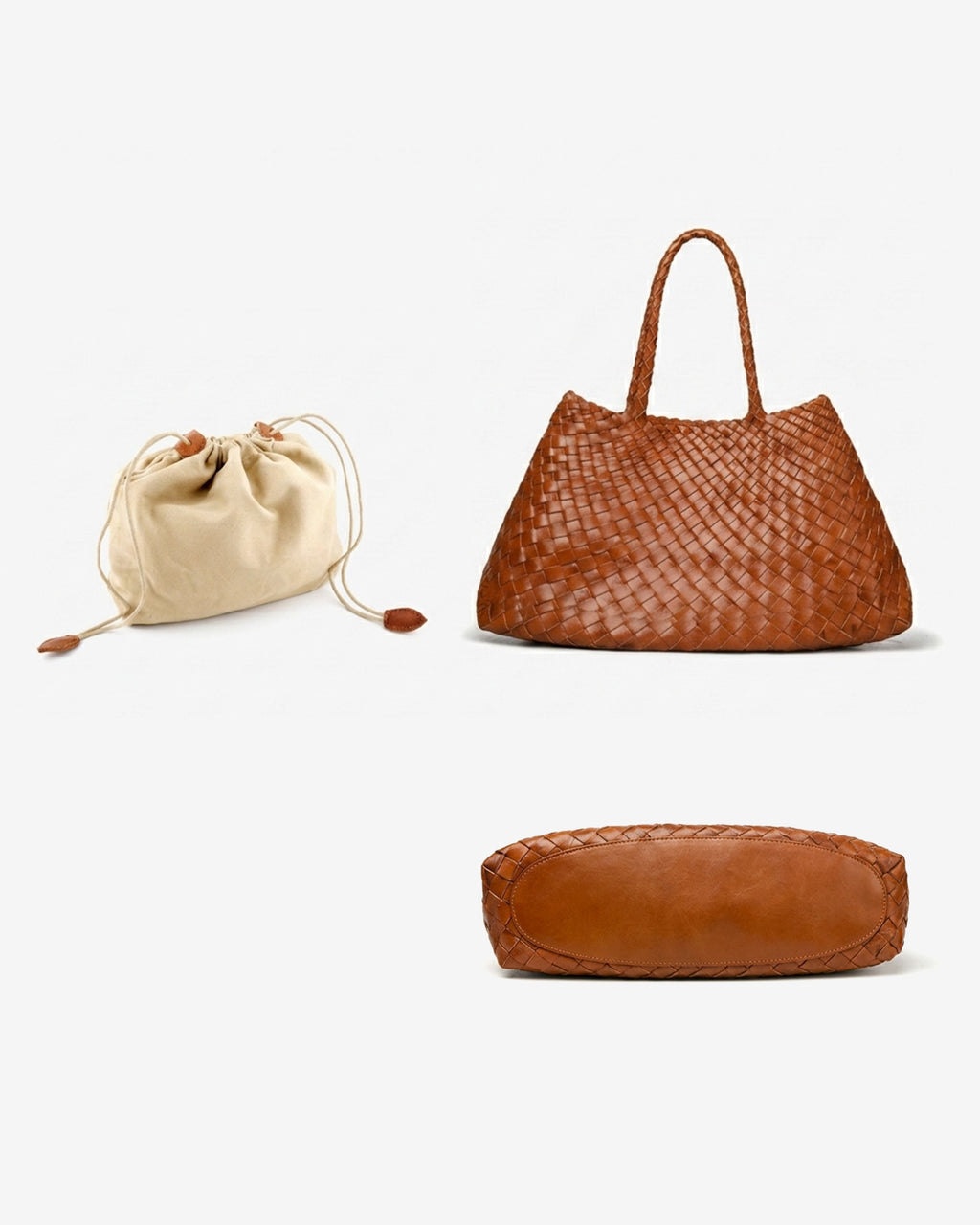 Side and bottom views of Handwoven Genuine Leather Tote Bag with Removable Pouch in Camel Color