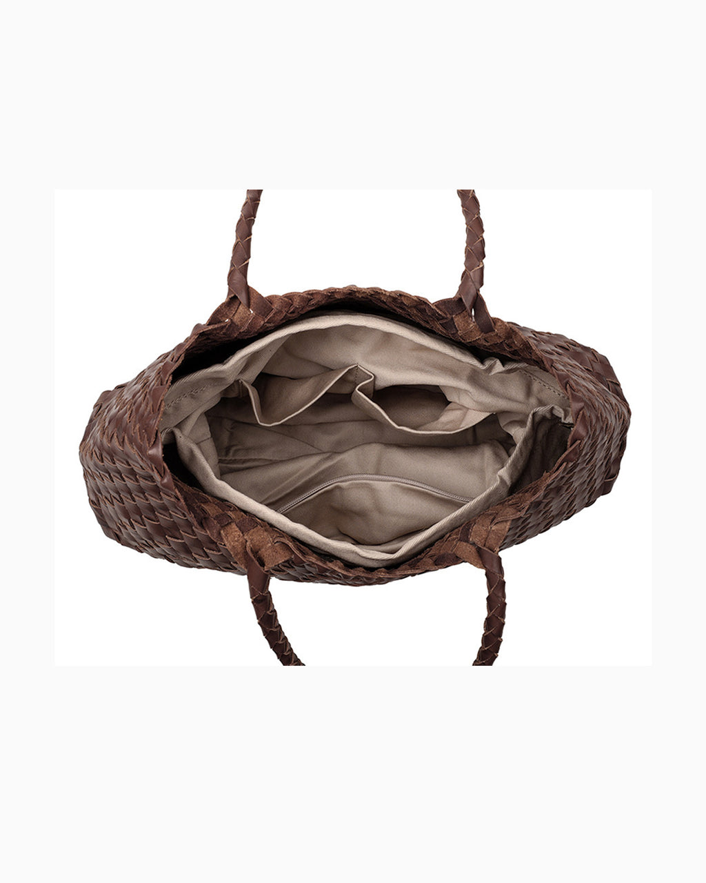Pouch Compartment Details of Trendy Woven Genuine Leather Shopper Tote Bag with Removable Pouch