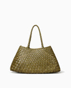 Woven Genuine Leather Tote Bag with Removable Pouch, Olive Green Color