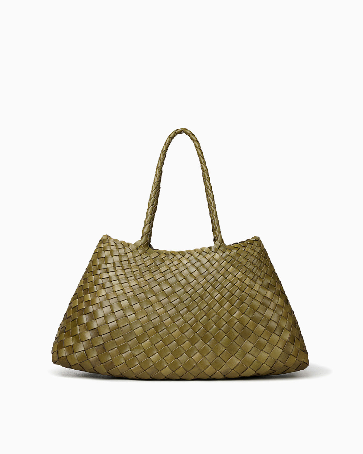 Woven Genuine Leather Tote Bag with Removable Pouch, Olive Green Color