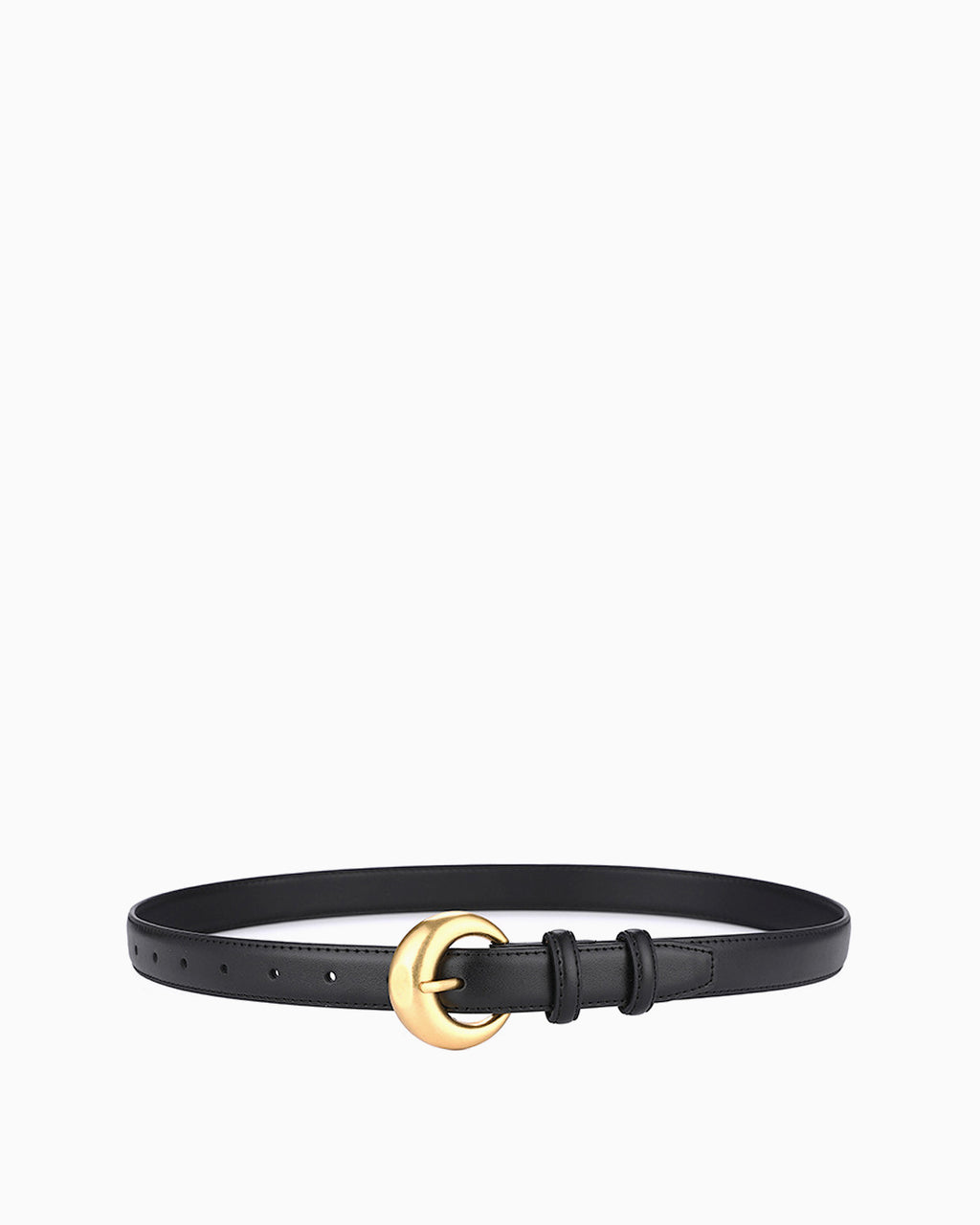 Leather Belt with Round Gold Buckle, Black color