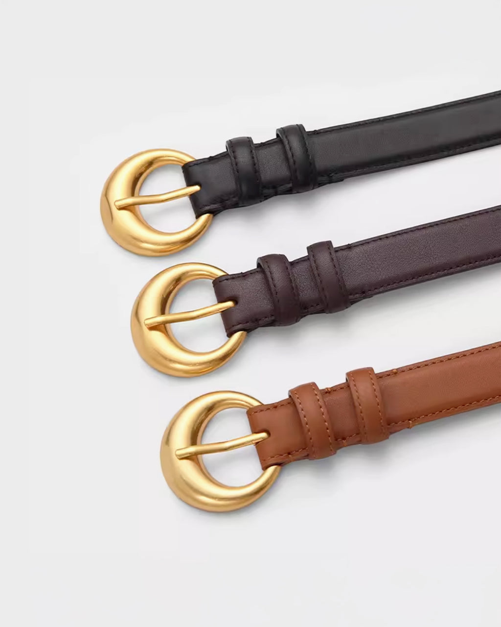 Leather Belt with Round Gold Buckle