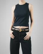 Leather Belt with Round Gold Buckle, Dark Gray