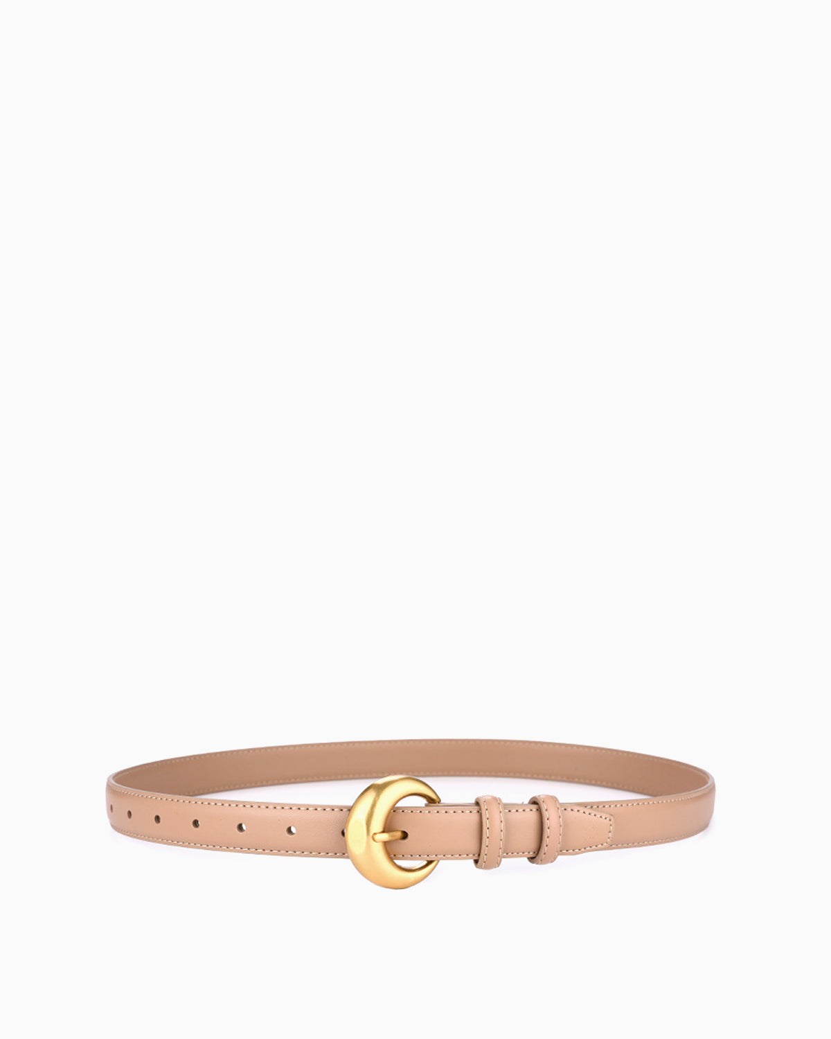 Leather Belt with Round Gold Buckle, Khaki color