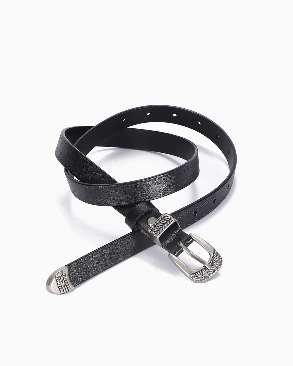 Unisex Leather Statement Belt with Silver Buckle & Decorative Accents, Black