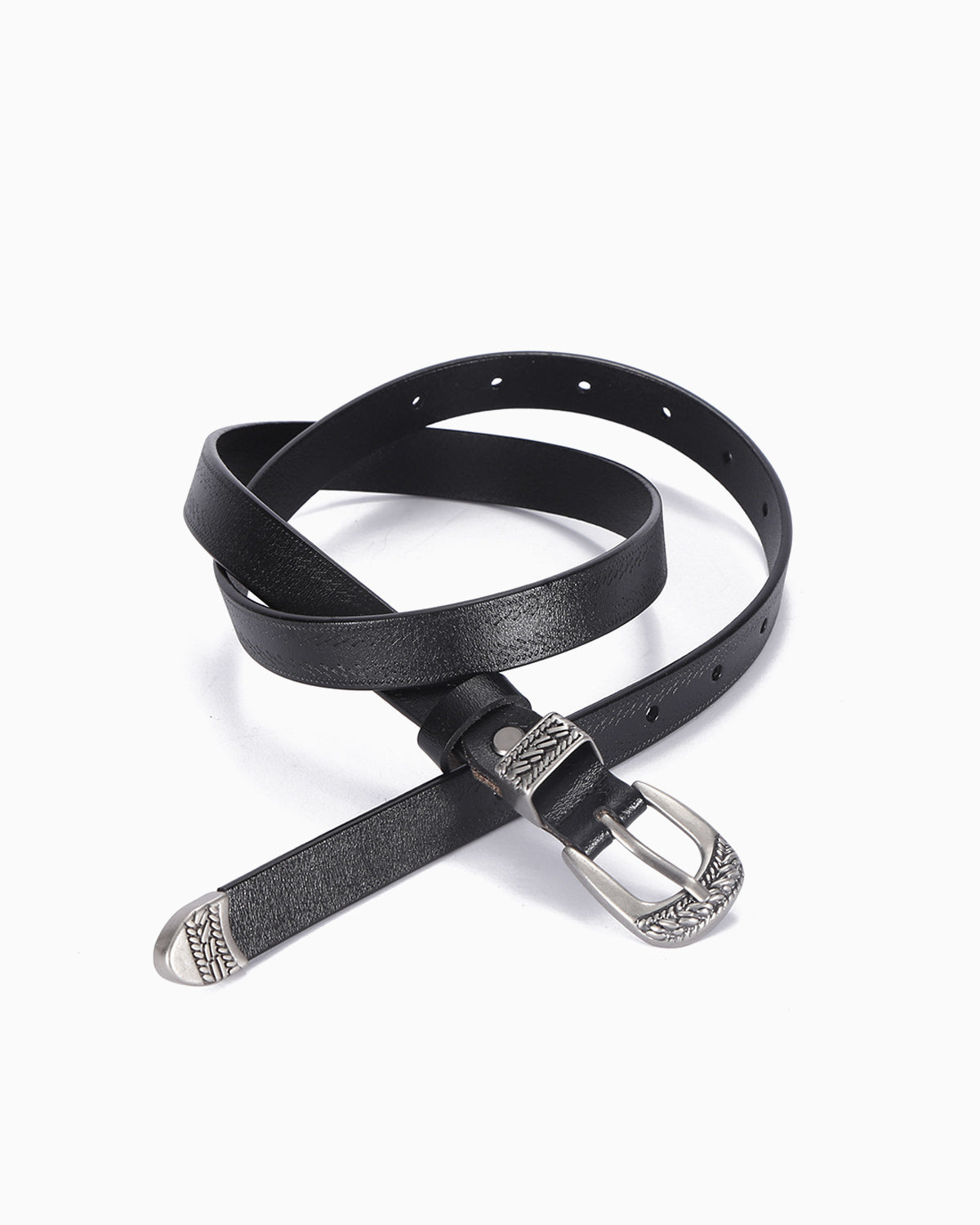 Unisex Leather Statement Belt with Silver Buckle & Decorative Accents, Black