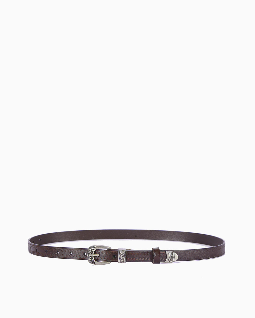 Unisex Leather Statement Belt with Silver Buckle & Decorative Accents, Coffee Color