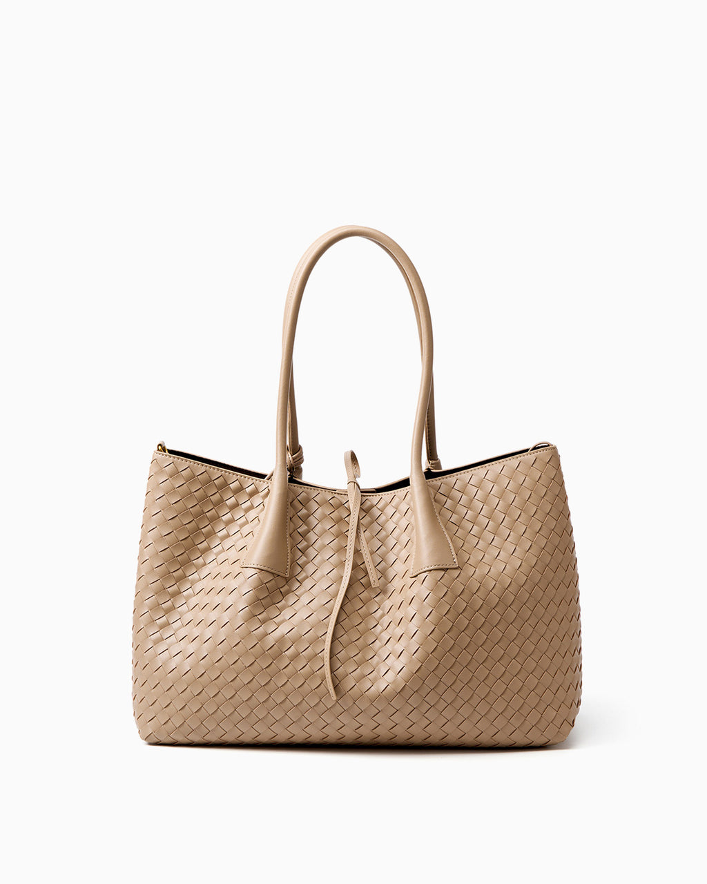 A beige woven leather large tote bag with double top handles and a drawstring detail