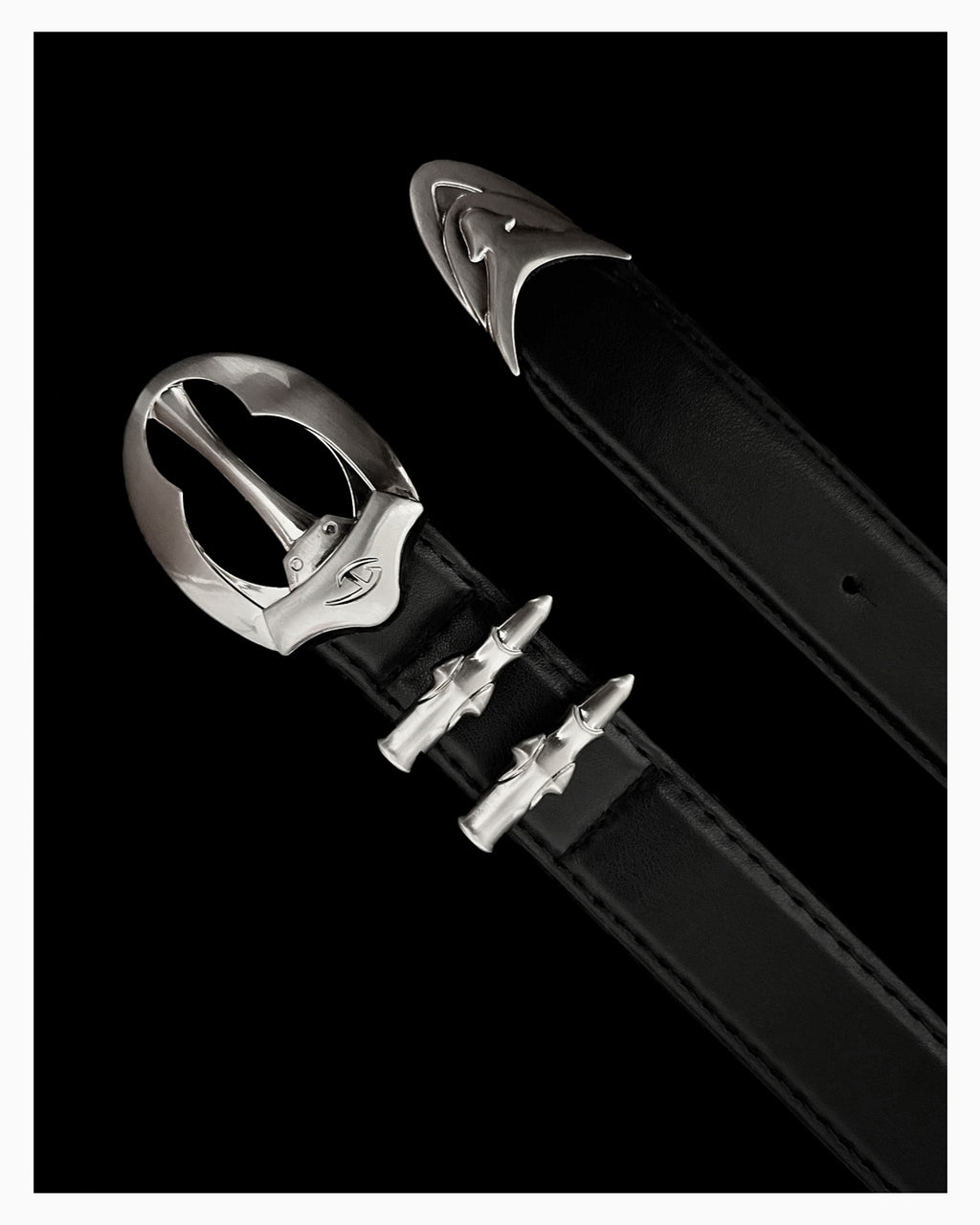 Men's Black Avant-Garde Style Belt with Sculptural Silver Hardware