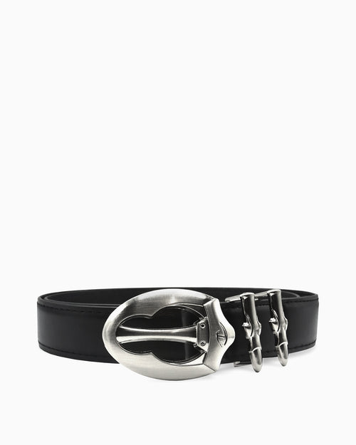 Men's Black Avant-Garde Style Belt with Sculptural Silver Hardware