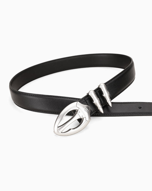 Men's Black Avant-Garde Style Belt with Sculptural Silver Hardware