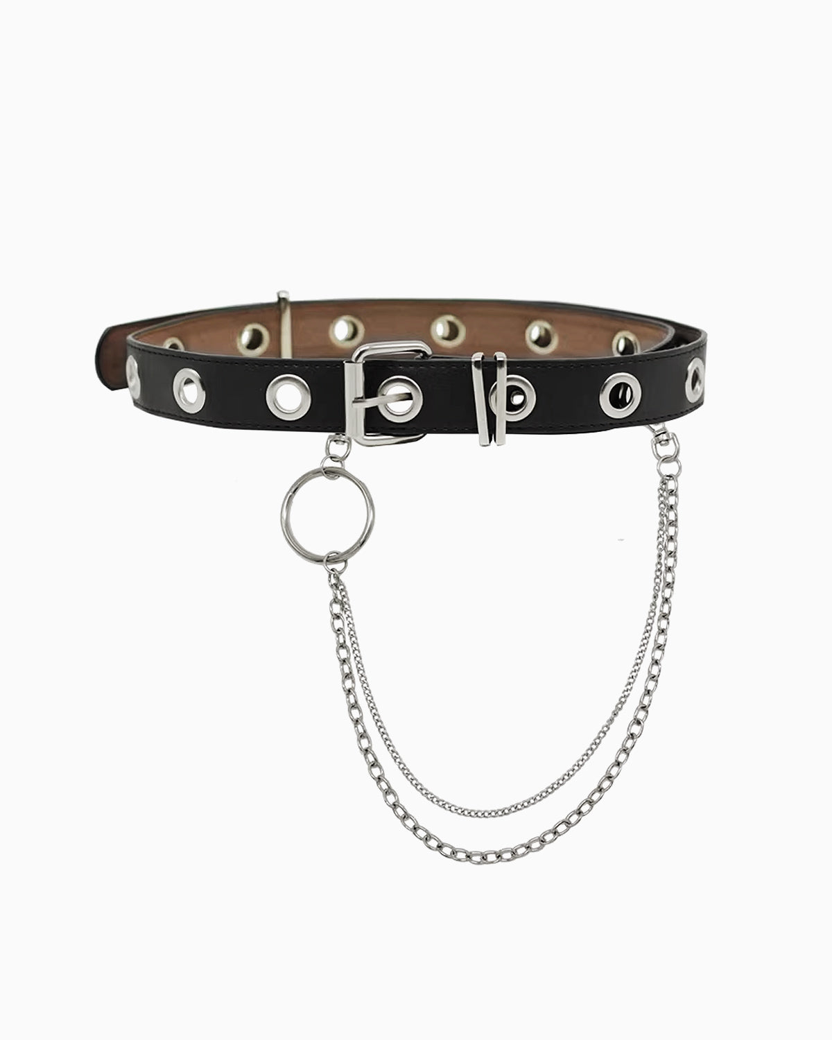 Men's Statement Punk Style Black Leather Eyelet Belt with Chains