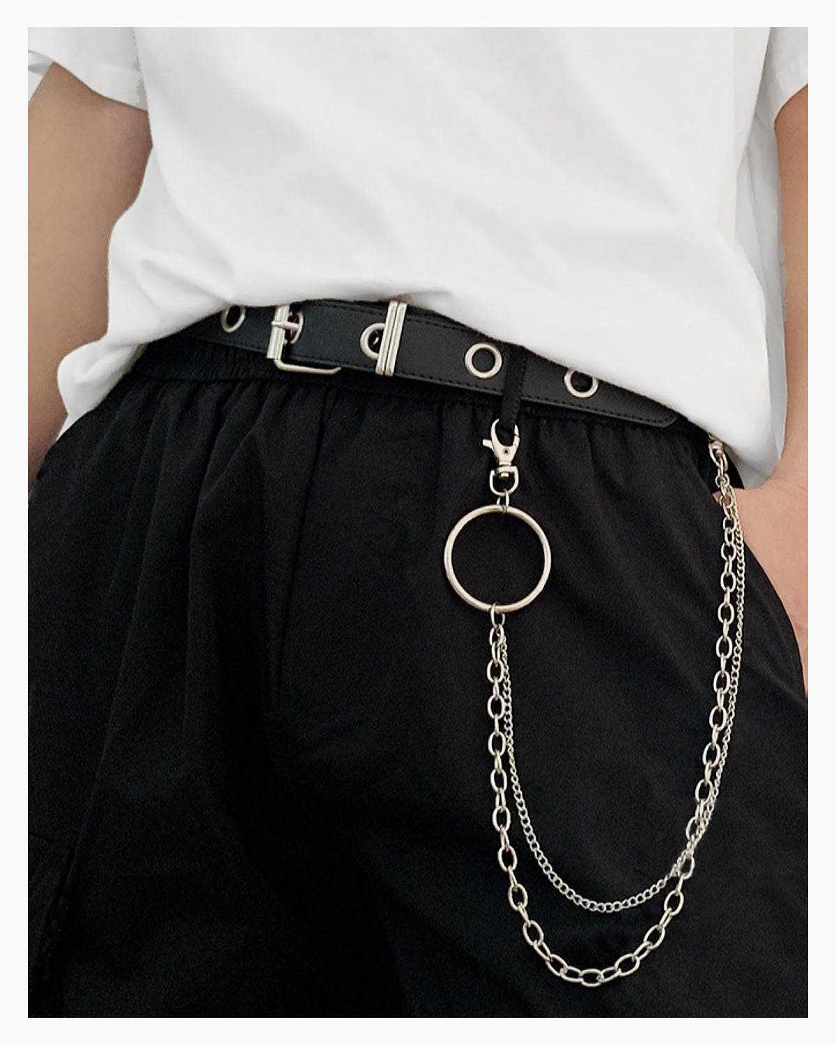 Men's Statement Black Leather Eyelet Belt with Chains