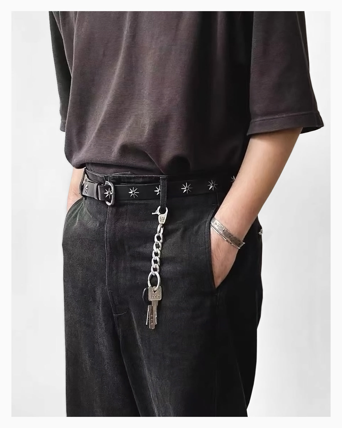 Unisex Y2K Black Leather Belt with Silver Star-shaped Studs