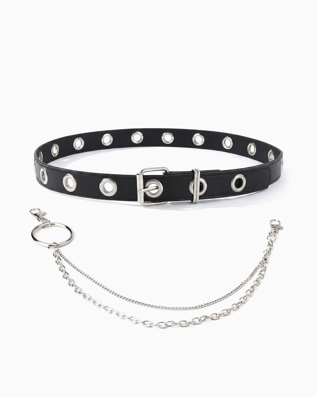 A black faux-leather collar with silver-tone metal studs, a buckle closure, and an attached silver chain with a ring clasp | BUCKLE Collective