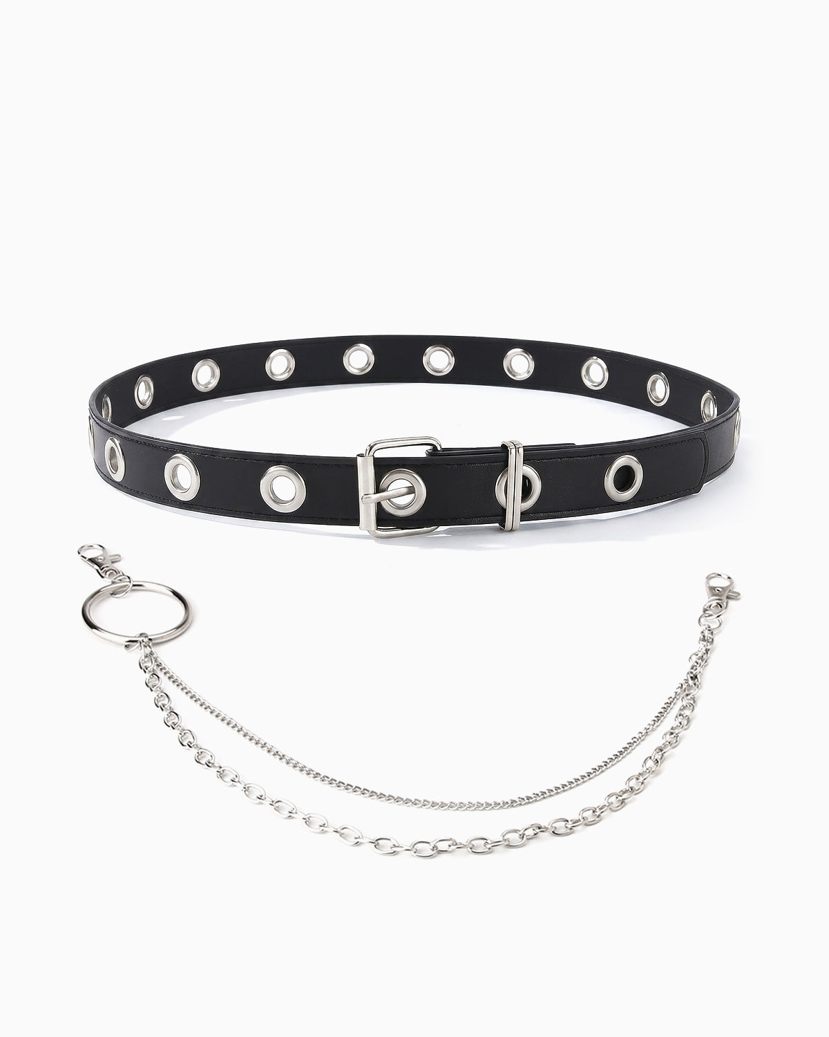 A black faux-leather collar with silver-tone metal studs, a buckle closure, and an attached silver chain with a ring clasp | BUCKLE Collective