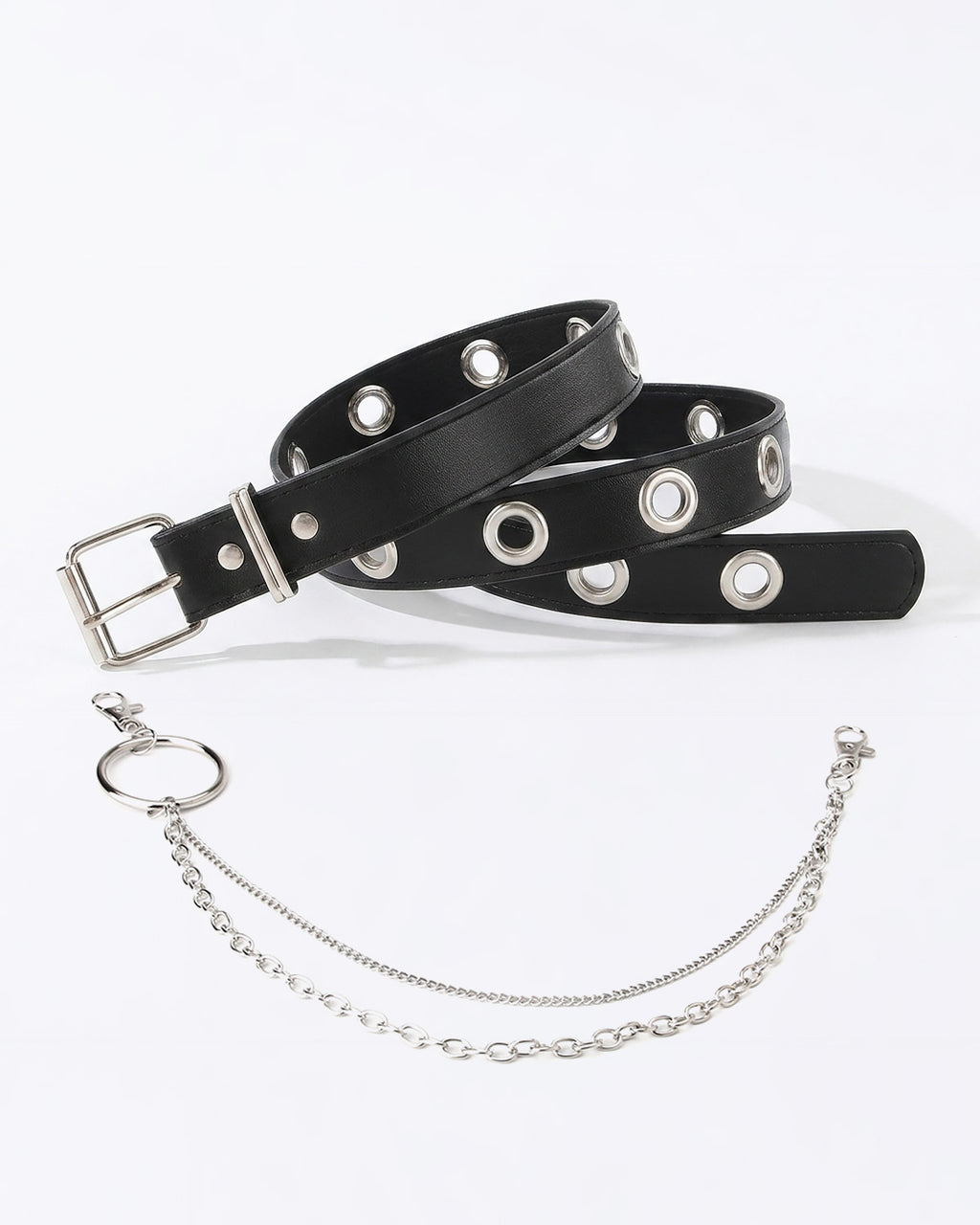 A black faux leather belt with silver-tone metal grommets and a matching silver chain accessory with a ring clasp by BUCKLE Collective
