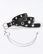 A black faux leather belt with silver-tone metal grommets and a matching silver chain accessory with a ring clasp by BUCKLE Collective