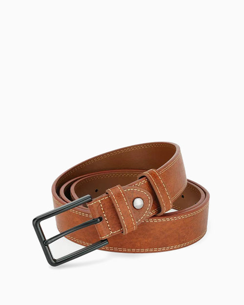 Men's Brown Genuine Leather Belt with Black Buckle and Contrast Stitching