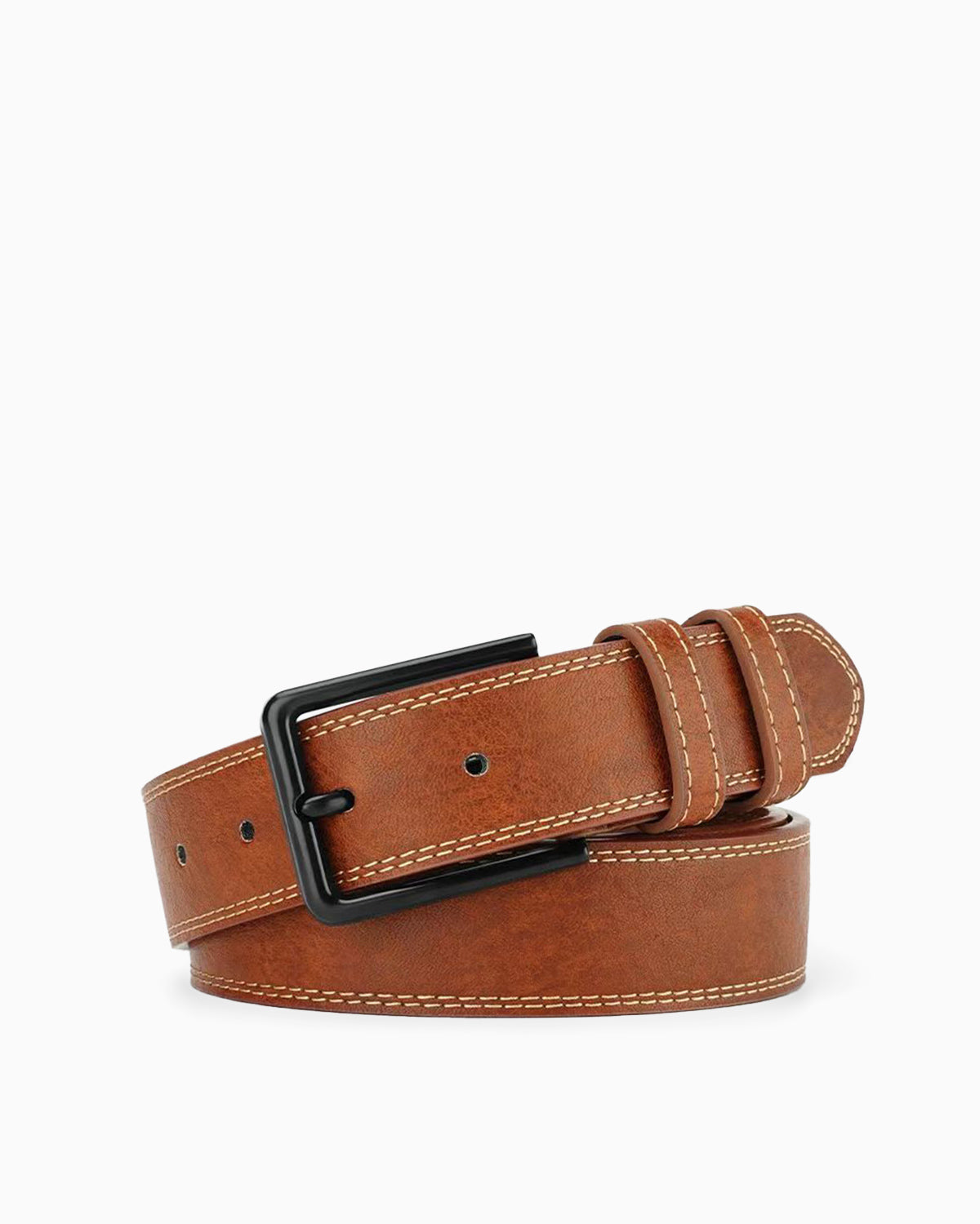 Men's Brown Genuine Leather Belt with Black Buckle and Contrast Stitching