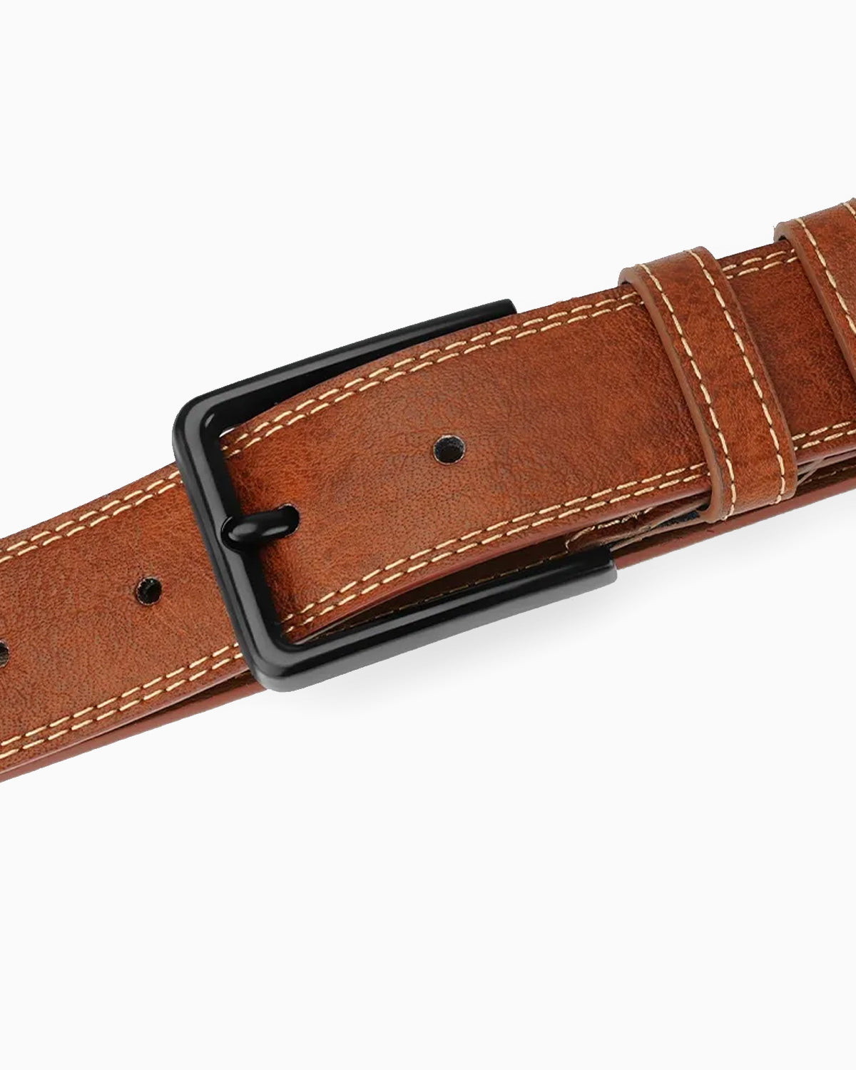 Men's Brown Genuine Leather Belt with Black Buckle and Contrast Stitching