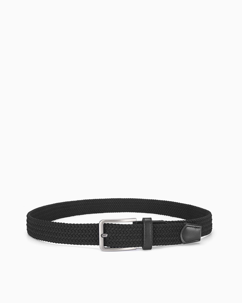 Men's Casual Braided Belt with Rectangular Silver Buckle, Black