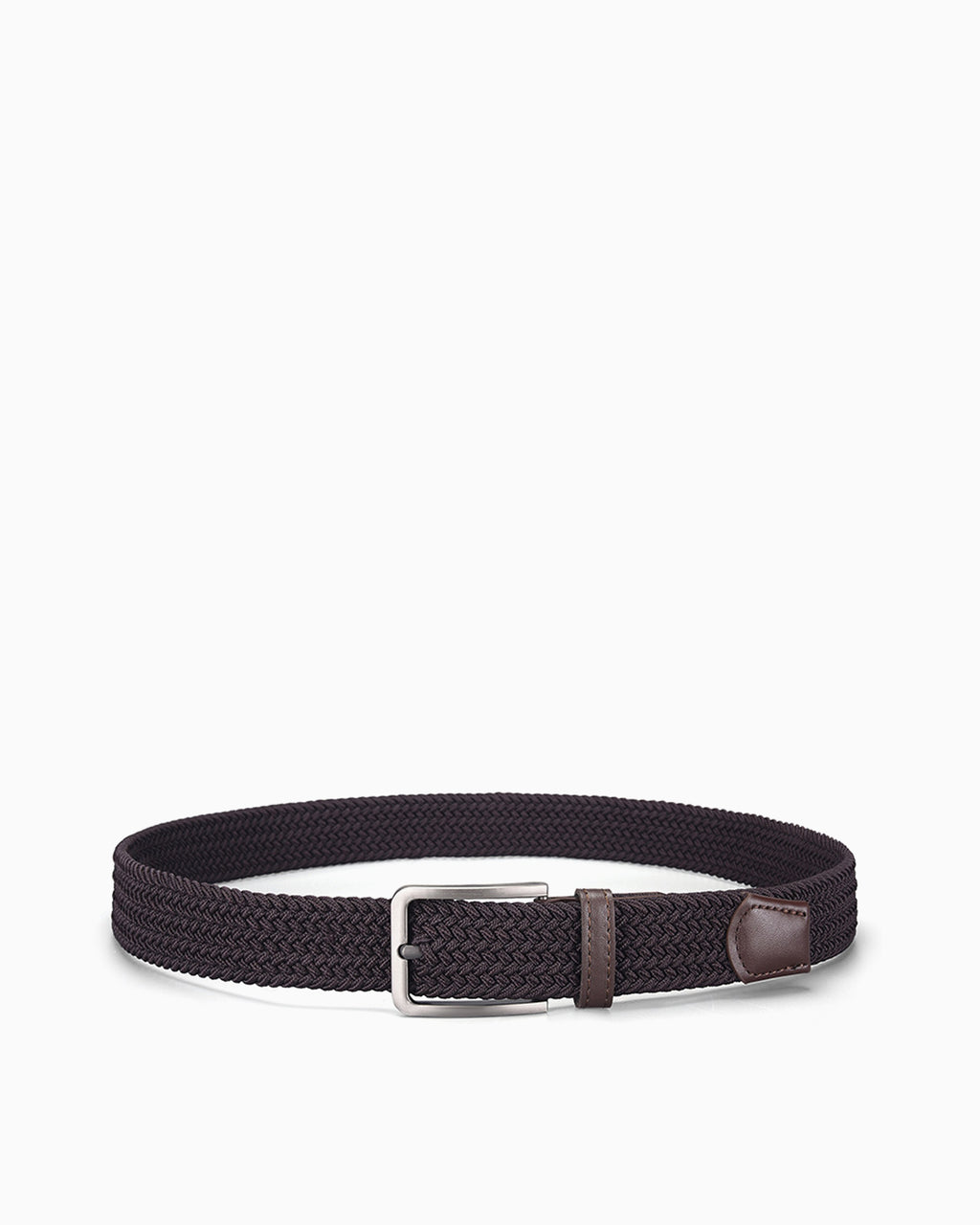 Men's Casual Braided Brown Belt with Rectangular Silver Buckle