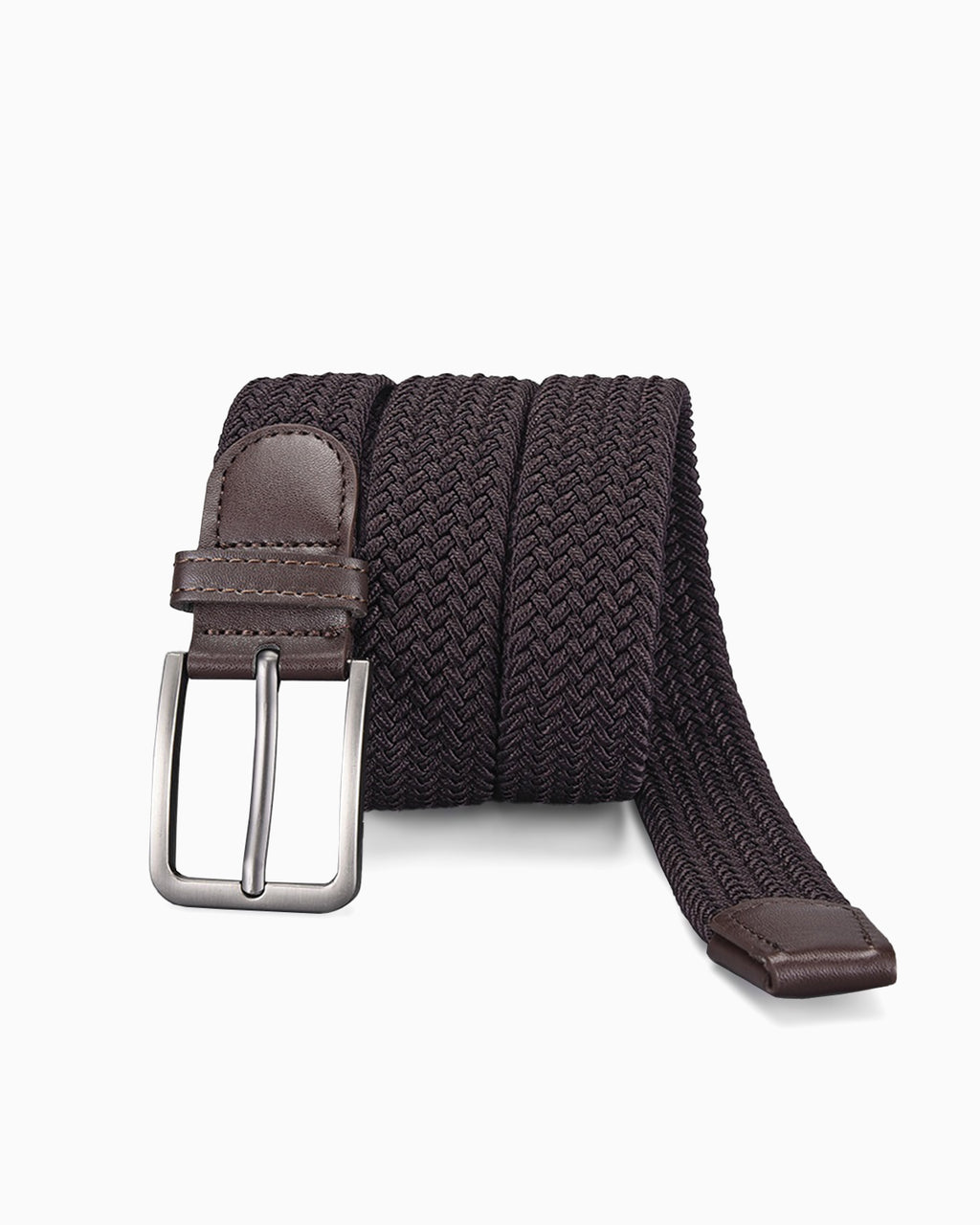 Men's Casual Braided Brown Belt with Rectangular Silver Buckle