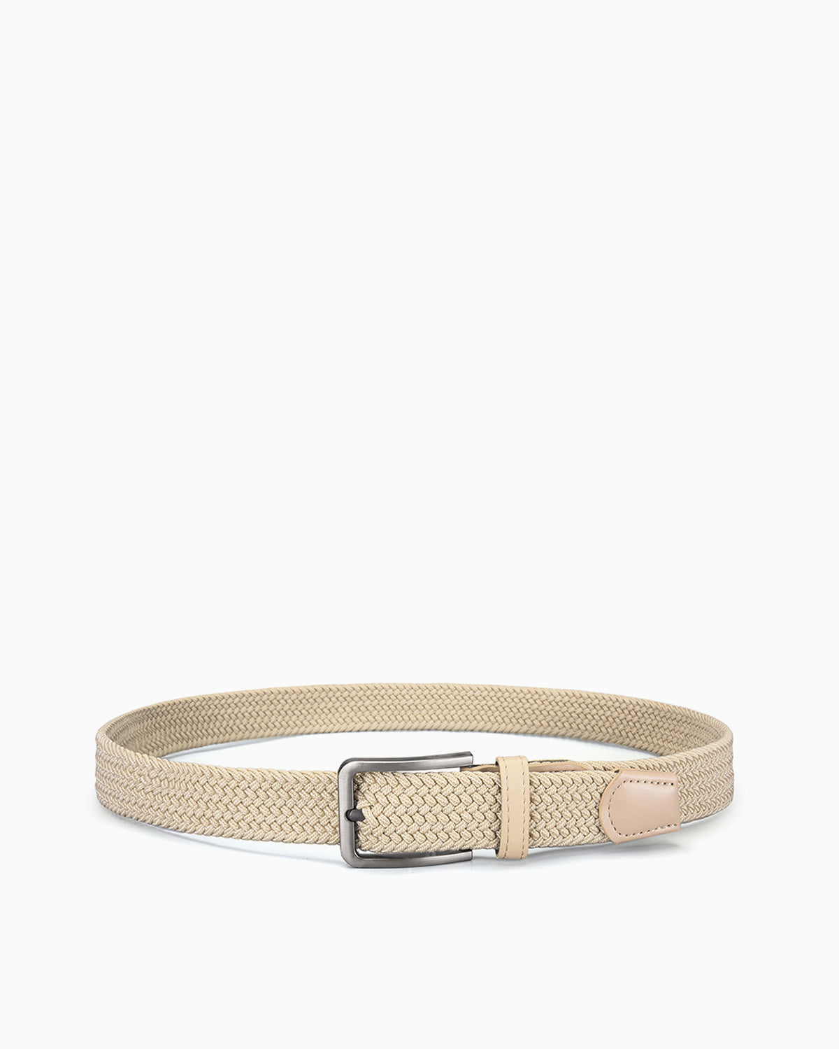 Men's Casual Braided Belt with Rectangular Silver Buckle, Beige