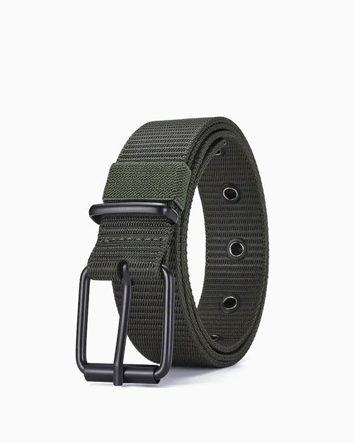 Men's Casual Army Green Woven Nylon Belt with Black Pin Buckle