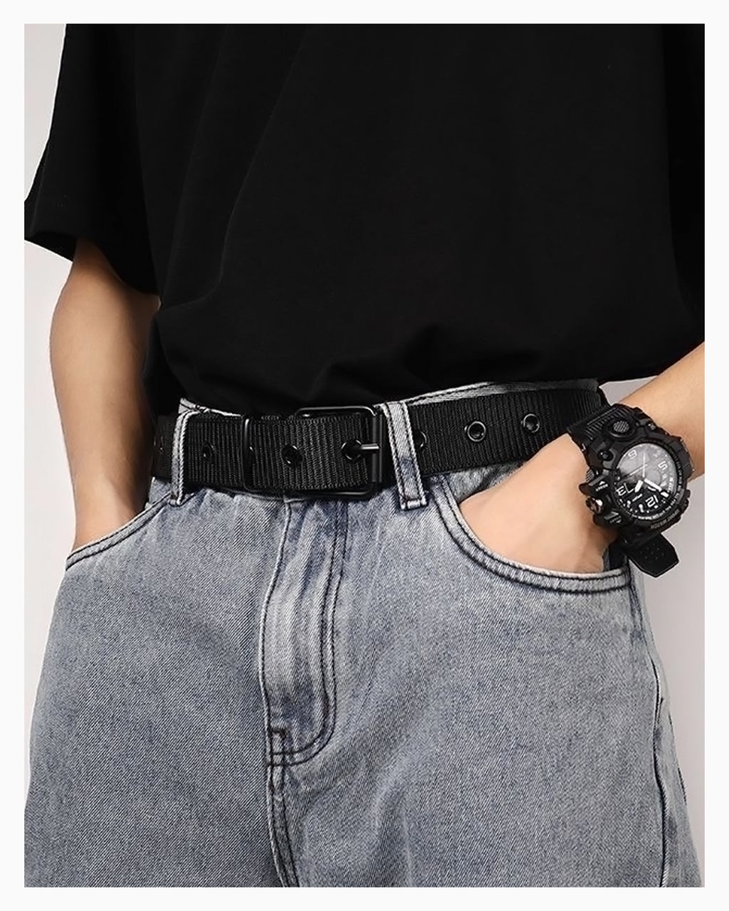 Men's Casual Black Woven Nylon Belt with Black Pin Buckle
