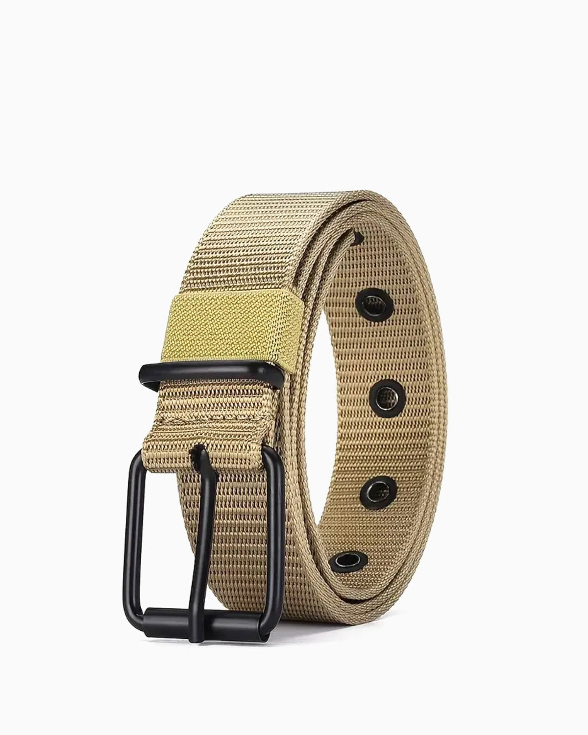 Men's Casual Khaki Woven Nylon Belt with Black Pin Buckle