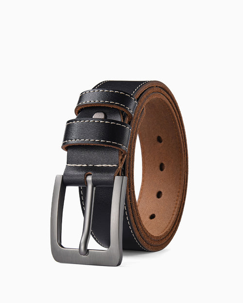 Extended Length Men's Casual Genuine Leather Black Belt with Contrast Stitching and Polished Buckle